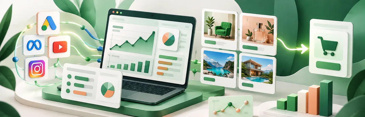 Illustrative performance marketing workflow with advertising dashboards, creative assets and conversion optimisation