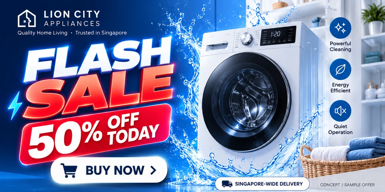 Bright Singapore washing machine e-commerce flash sale advertising concept with Buy Now message