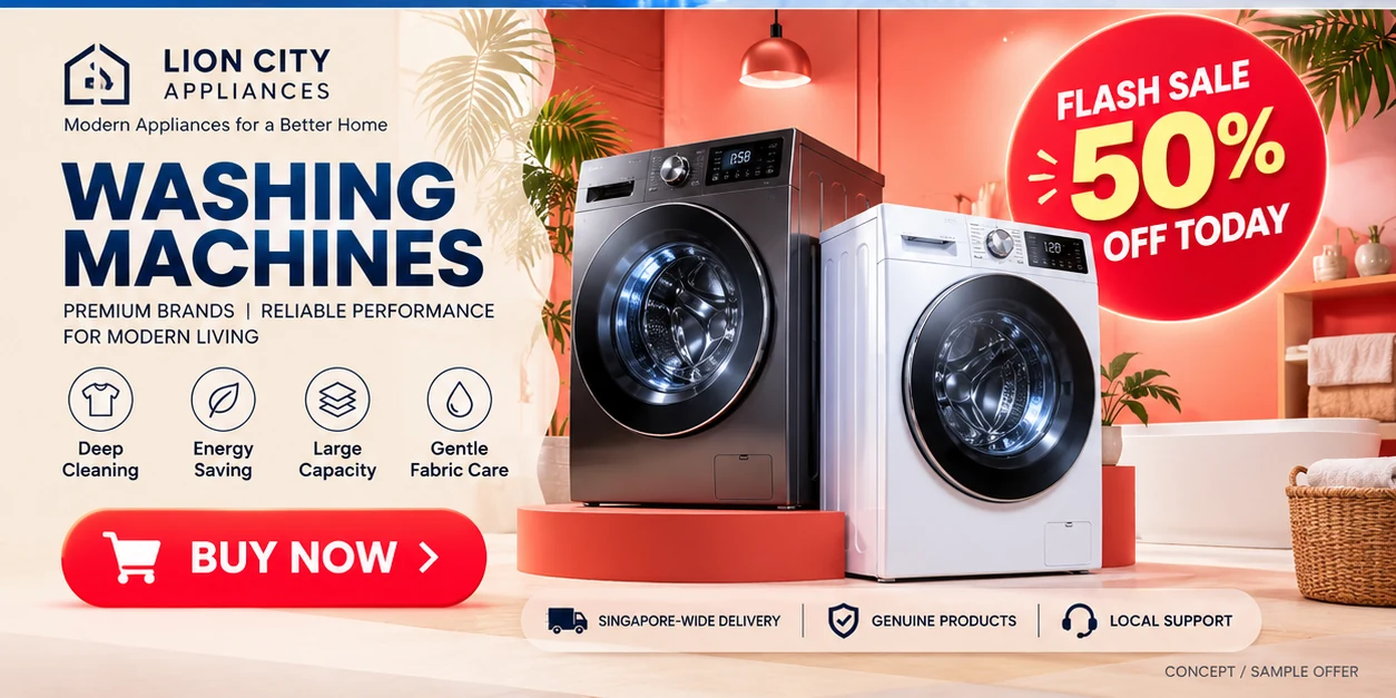 Warm lifestyle washing machine campaign concept with 50 percent off promotional message and Buy Now button